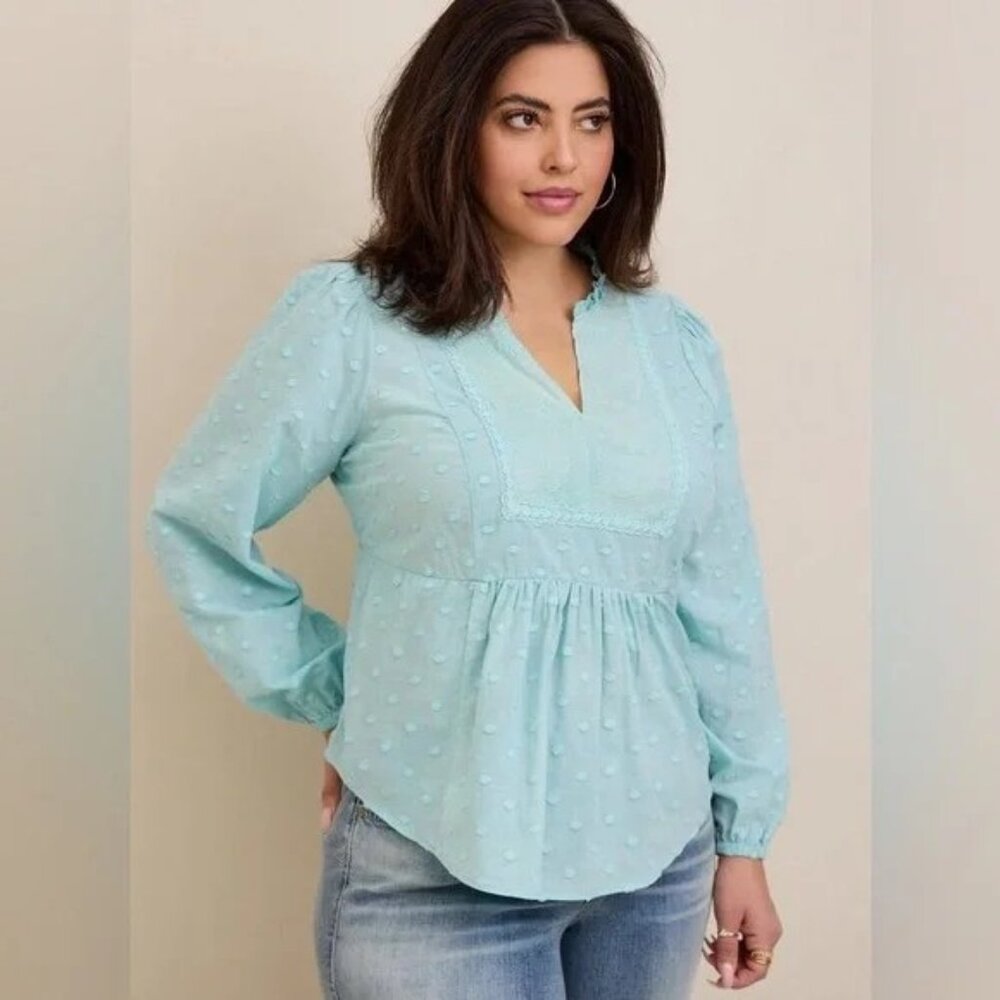 Torrid Aqua Blue Clip Dot Embroidered Yoke V Neck  Long Sleeve Top 4X NWT